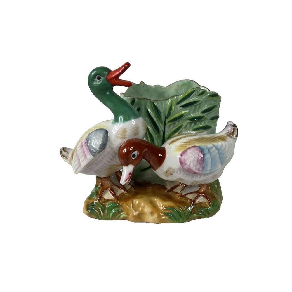 Vintage Japan Ceramic 5" Pair of Ducks Planter with Gold Edge Rim